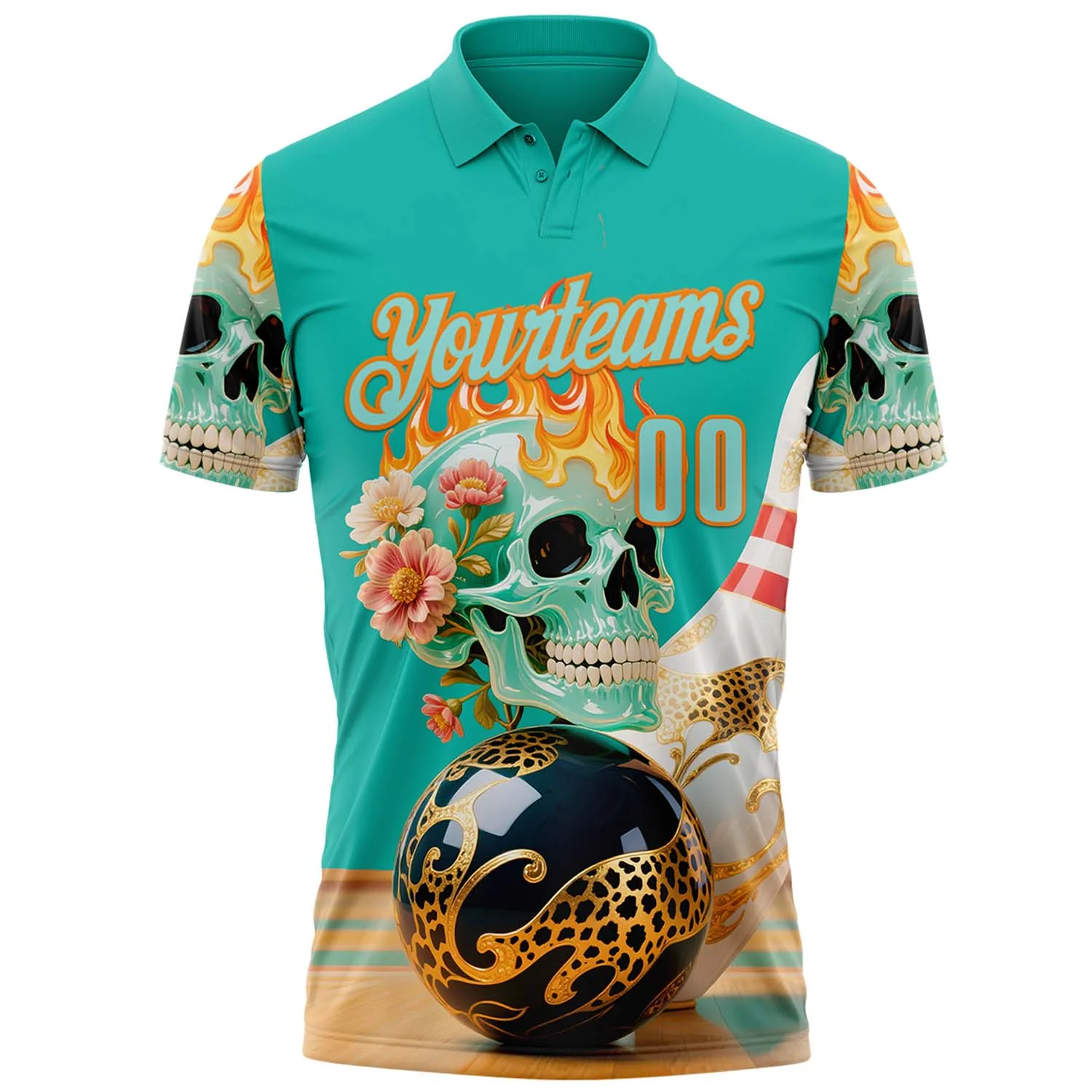 Custom Blue Ice Blue-Bay Orange 3D Floral Leopard Print Flame Skull Bowling Performance Polo Shirt - Image 2
