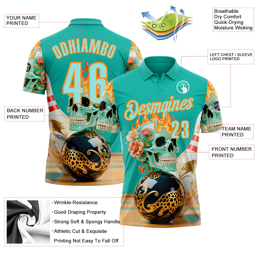 Custom Blue Ice Blue-Bay Orange 3D Floral Leopard Print Flame Skull Bowling Performance Polo Shirt - Image 3