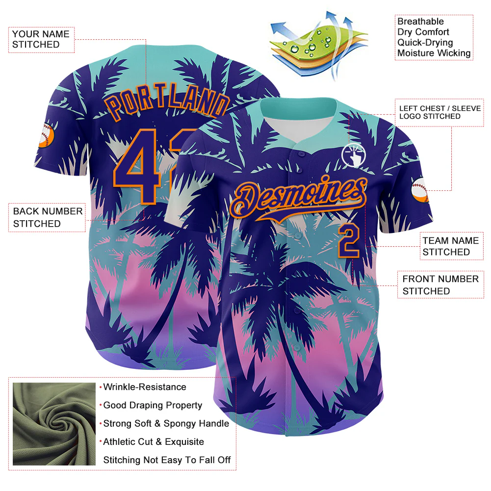 Custom Dark Purple Bay Orange 3D Pattern Design Rave Psychedelic Tropical Palm Tree Authentic Baseball Jersey - Image 3