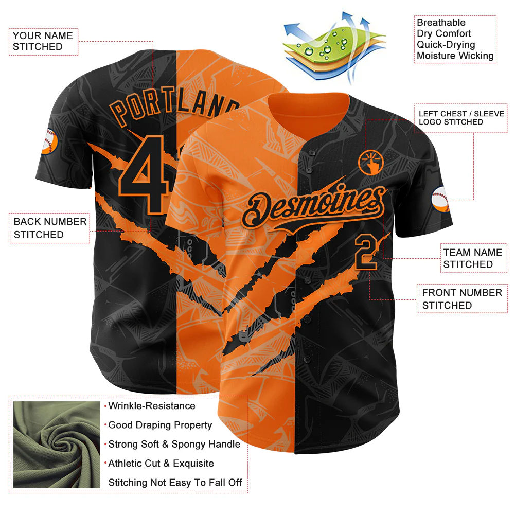 Custom Graffiti Pattern Black-Bay Orange 3D Scratch Authentic Baseball Jersey - Image 3
