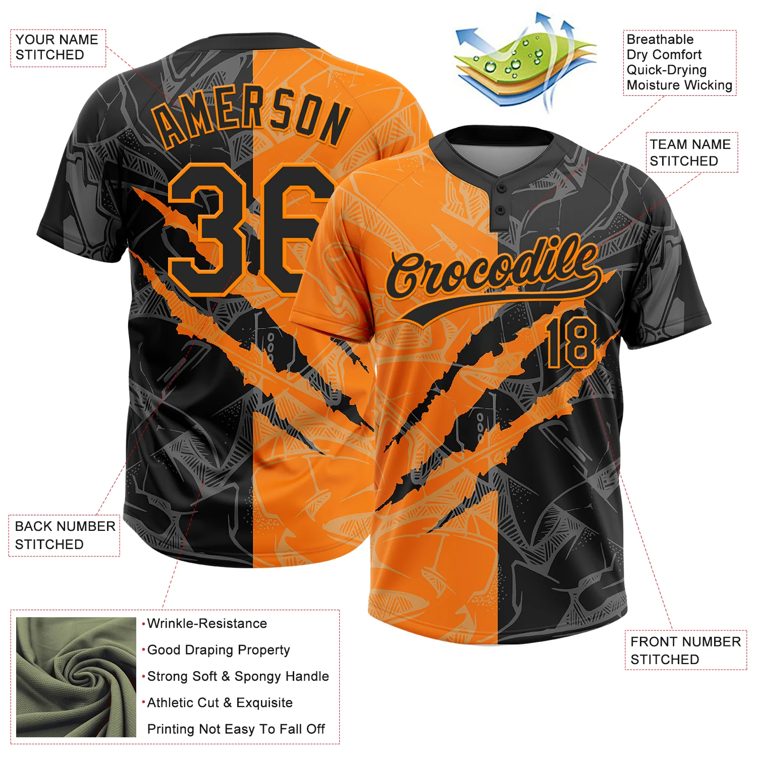 Custom Graffiti Pattern Black-Bay Orange 3D Scratch Two-Button Unisex Softball Jersey - Image 3