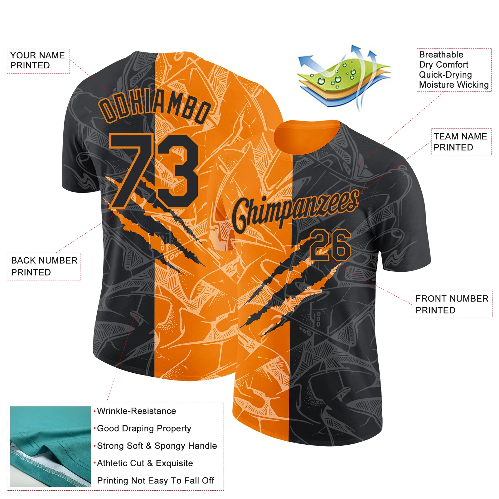 Custom Graffiti Pattern Black-Bay Orange Scratch 3D Performance T-Shirt - Image 2
