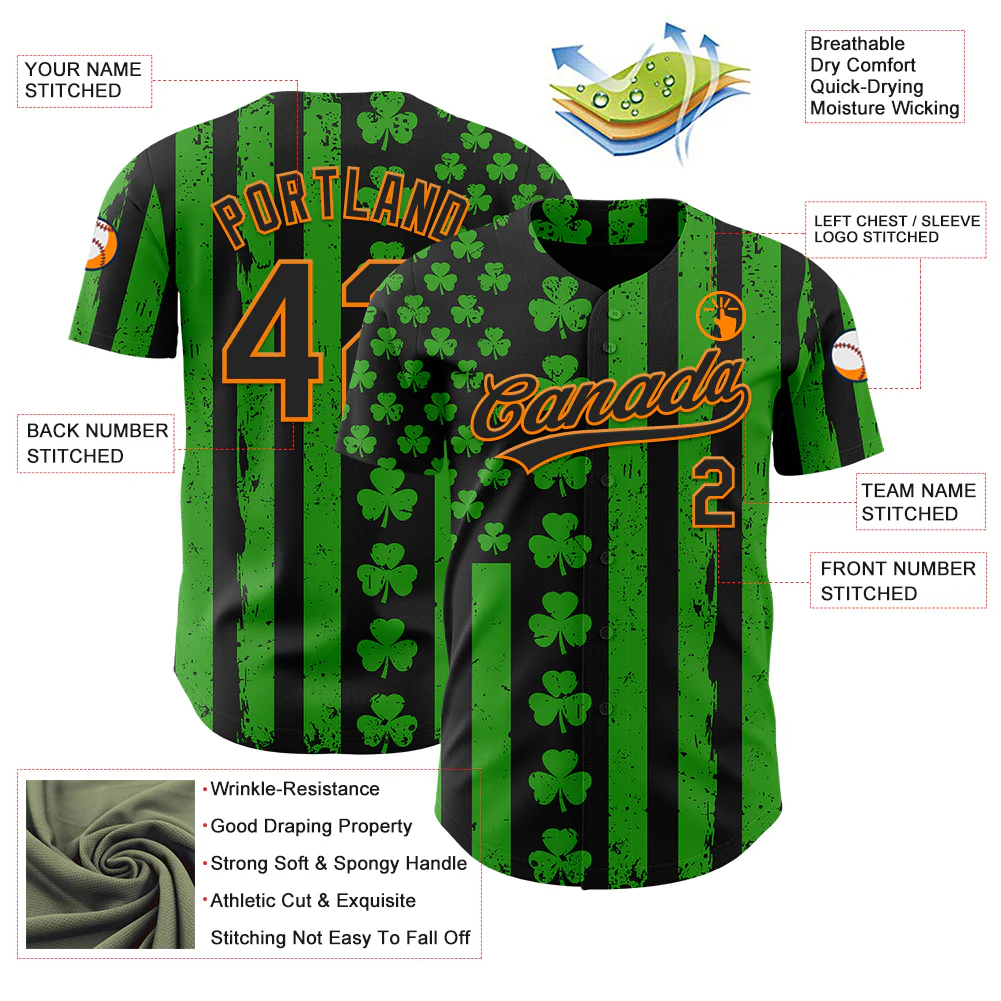 Custom Green Black-Bay Orange 3D St. Patrick's Day Shamrock Authentic Baseball Jersey - Image 3