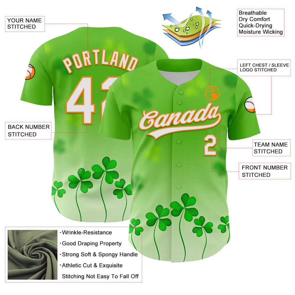 Custom Green White-Bay Orange 3D St. Patrick's Day Shamrock Authentic Baseball Jersey - Image 3