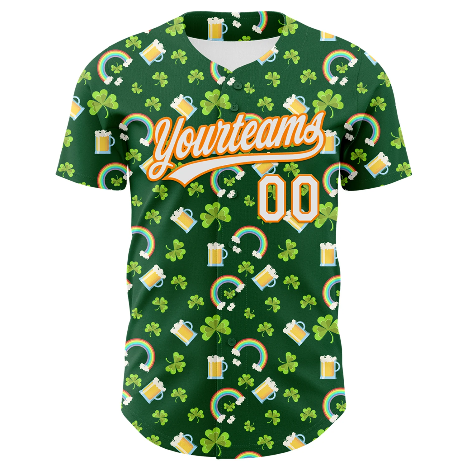 Custom Green White-Bay Orange 3D St. Patrick's Day Shamrock Beer Authentic Baseball Jersey - Image 2