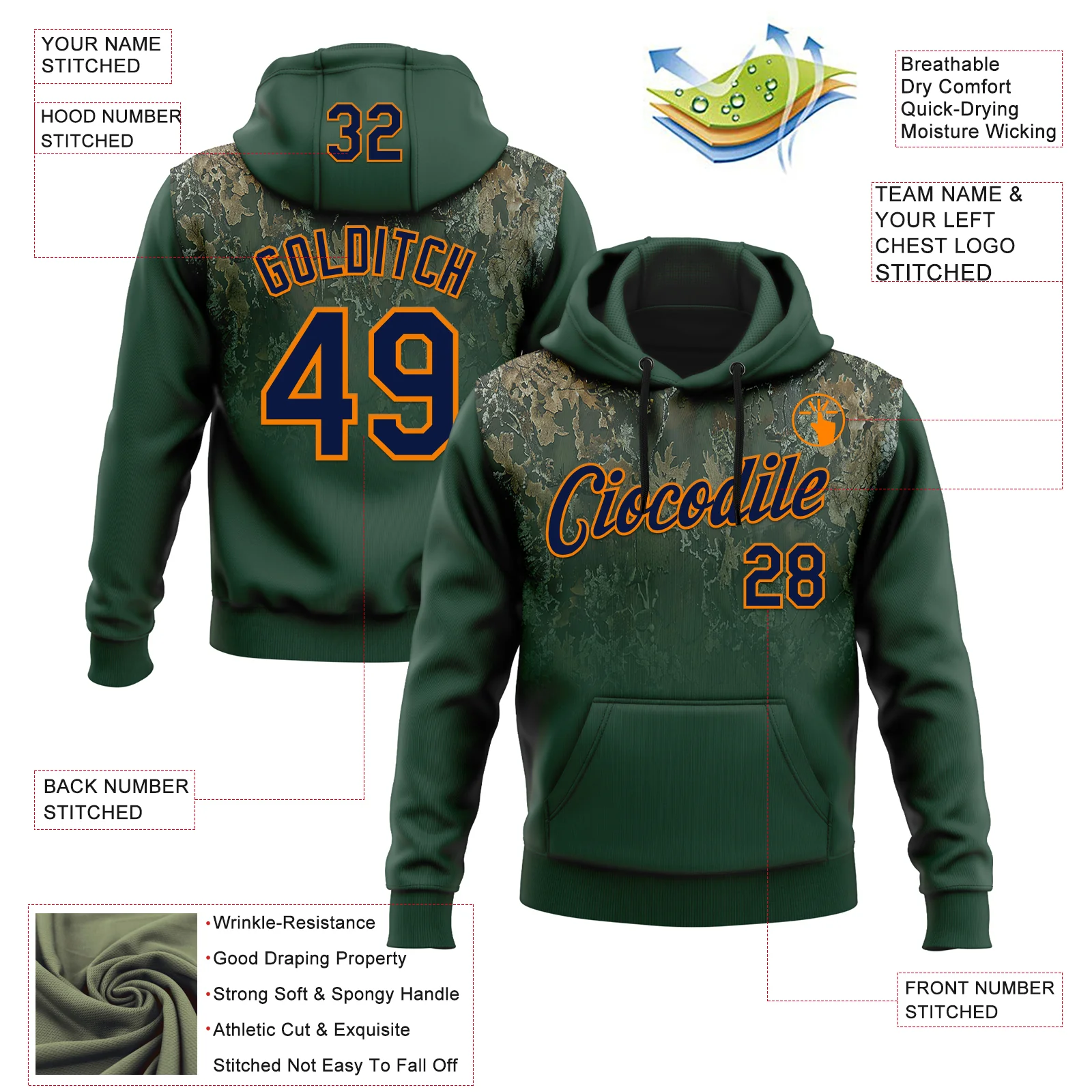 Custom Stitched Green Navy-Bay Orange 3D Pattern Design Tree Camo Gradient Hunting Sports Pullover Sweatshirt Hoodie - Image 2
