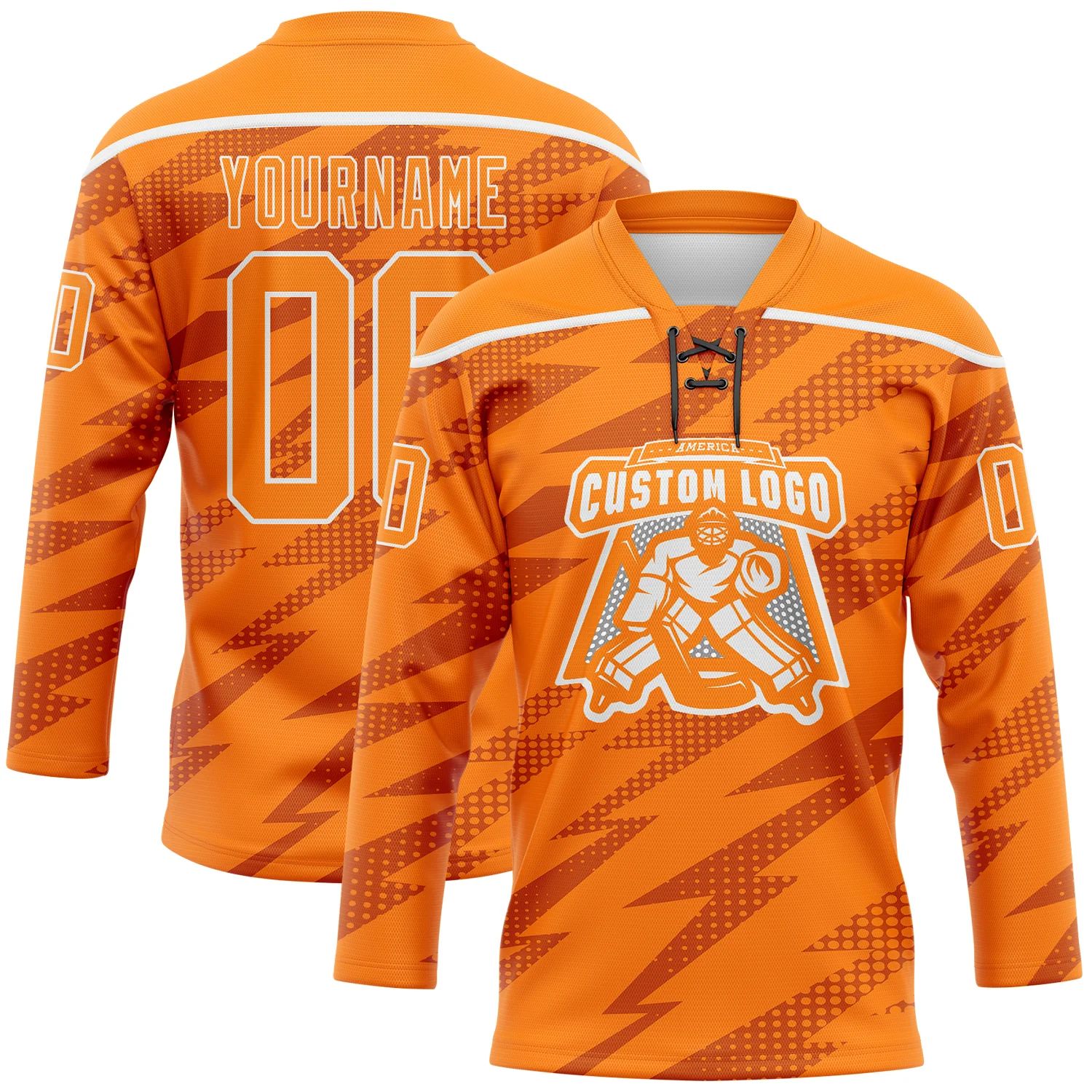 Custom Bay Orange White Lightning Hockey Lace Neck Jersey - Image 2