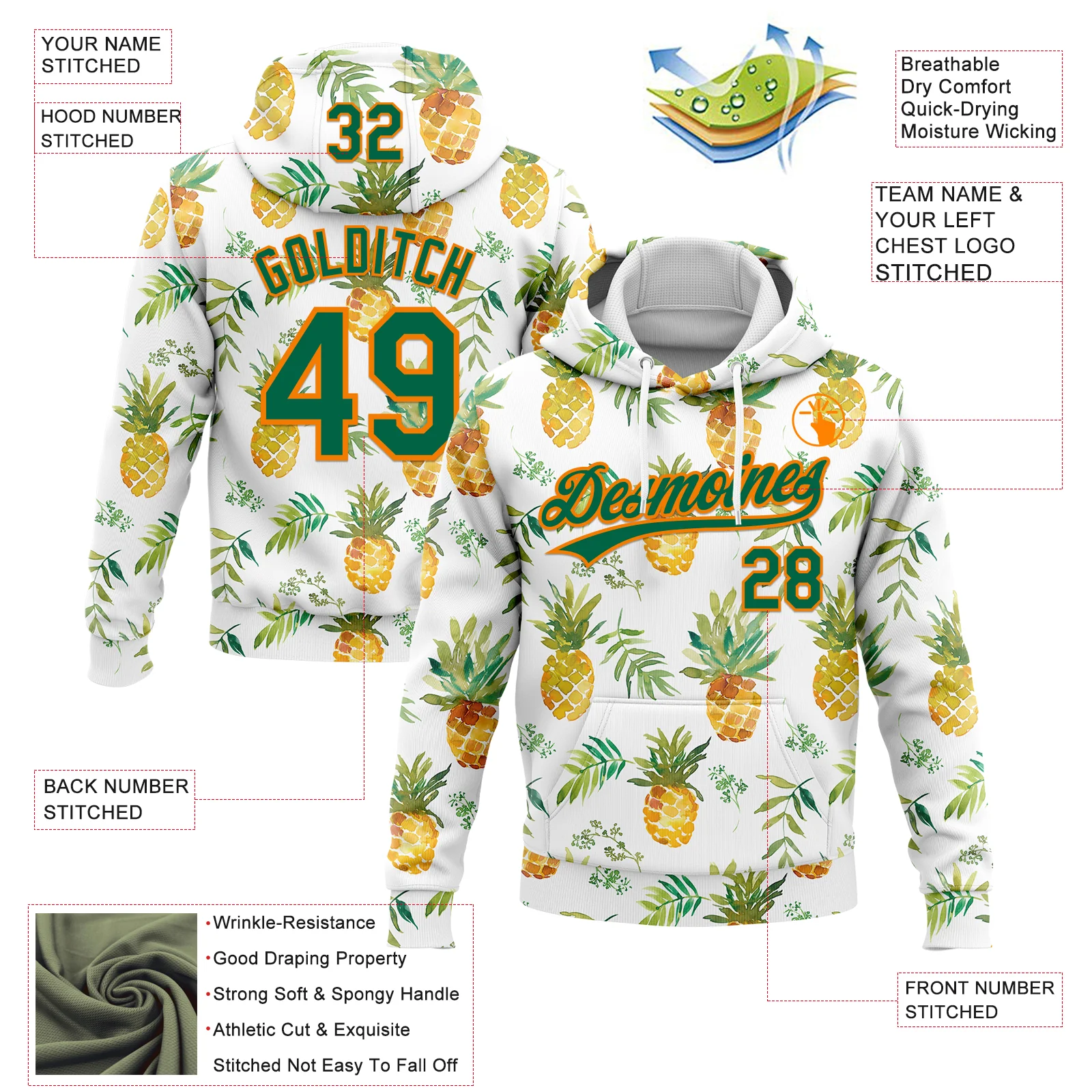 Custom Stitched White Kelly Green-Bay Orange 3D Pattern Design Fruit Pineapples Sports Pullover Sweatshirt Hoodie - Image 2