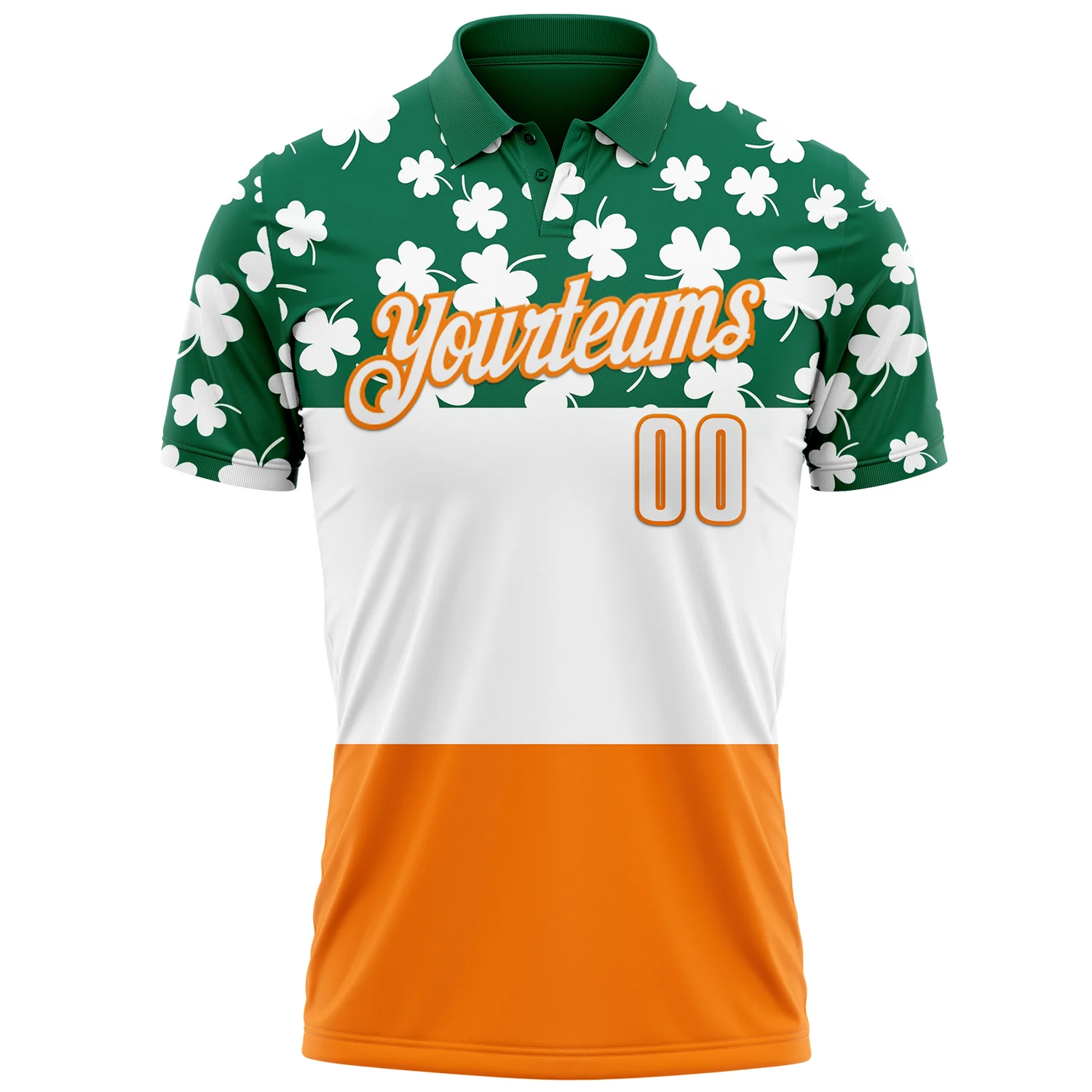 Custom Kelly Green White-Bay Orange 3D St. Patrick's Day Shamrock Performance Polo Shirt - Image 2