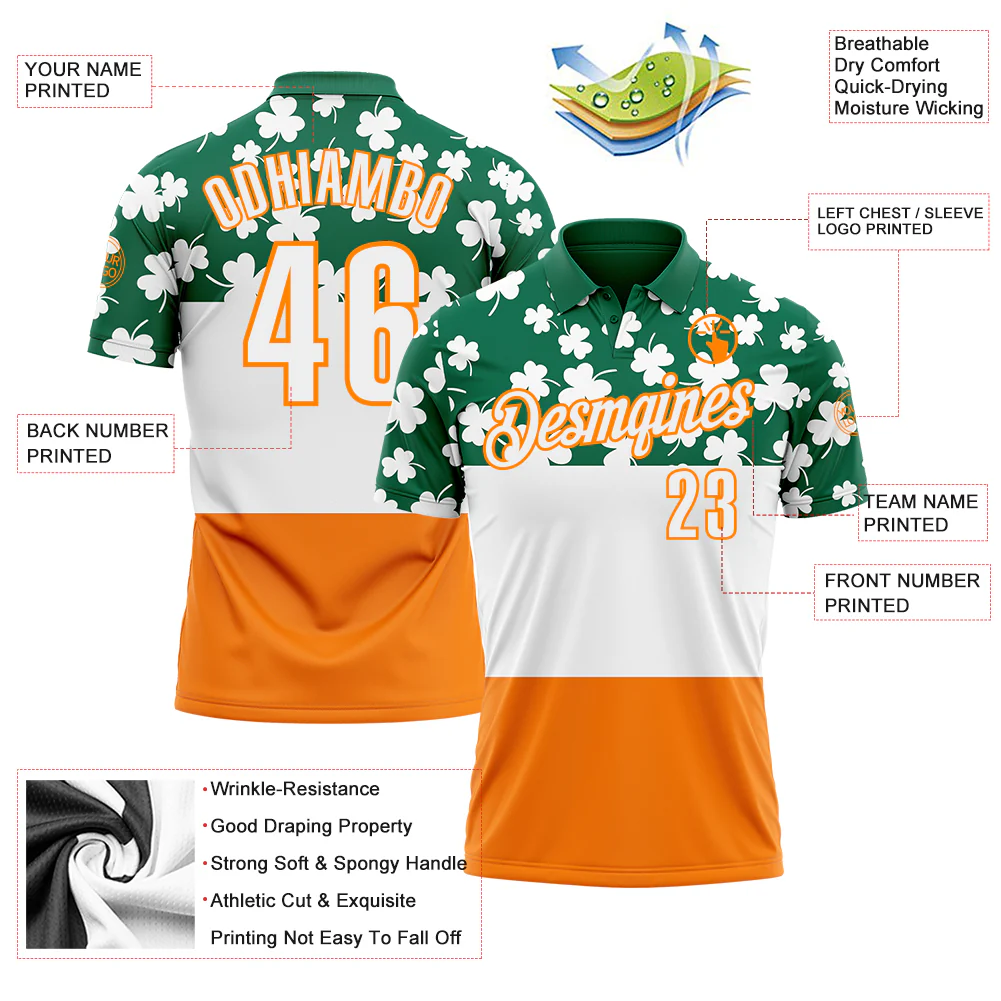 Custom Kelly Green White-Bay Orange 3D St. Patrick's Day Shamrock Performance Polo Shirt - Image 3