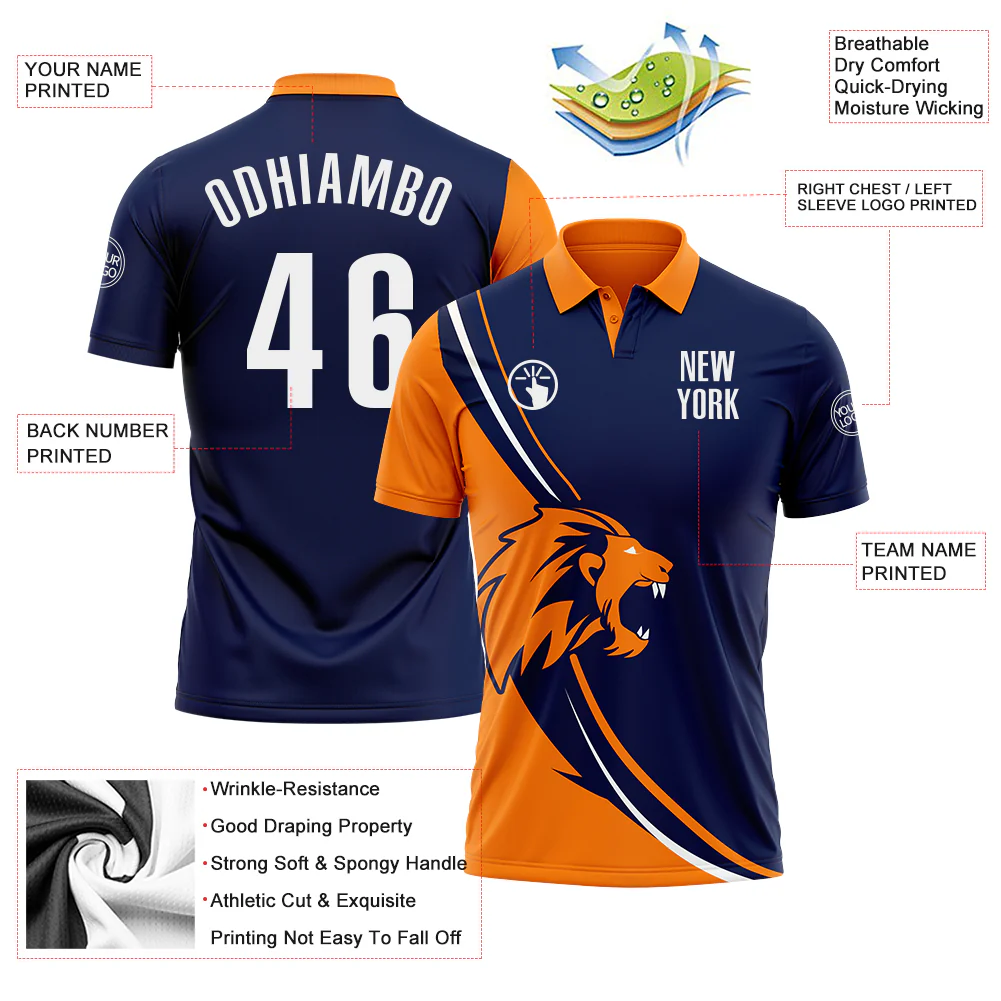 Custom Navy White-Bay Orange 3D Pattern Design Animal Lion Performance Polo Shirt - Image 3