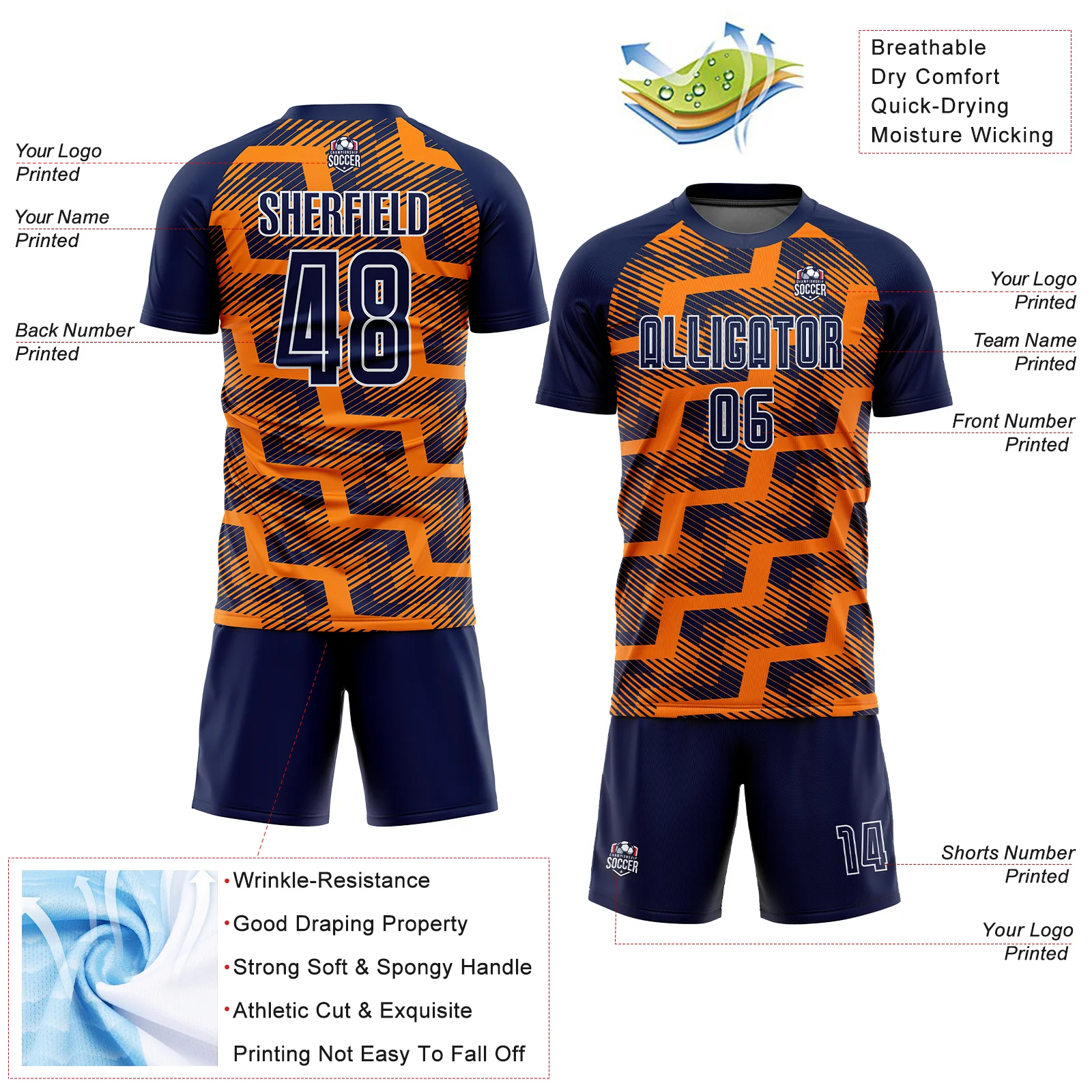 Custom Navy Bay Orange-White Line Sublimation Soccer Uniform Jersey - Image 4