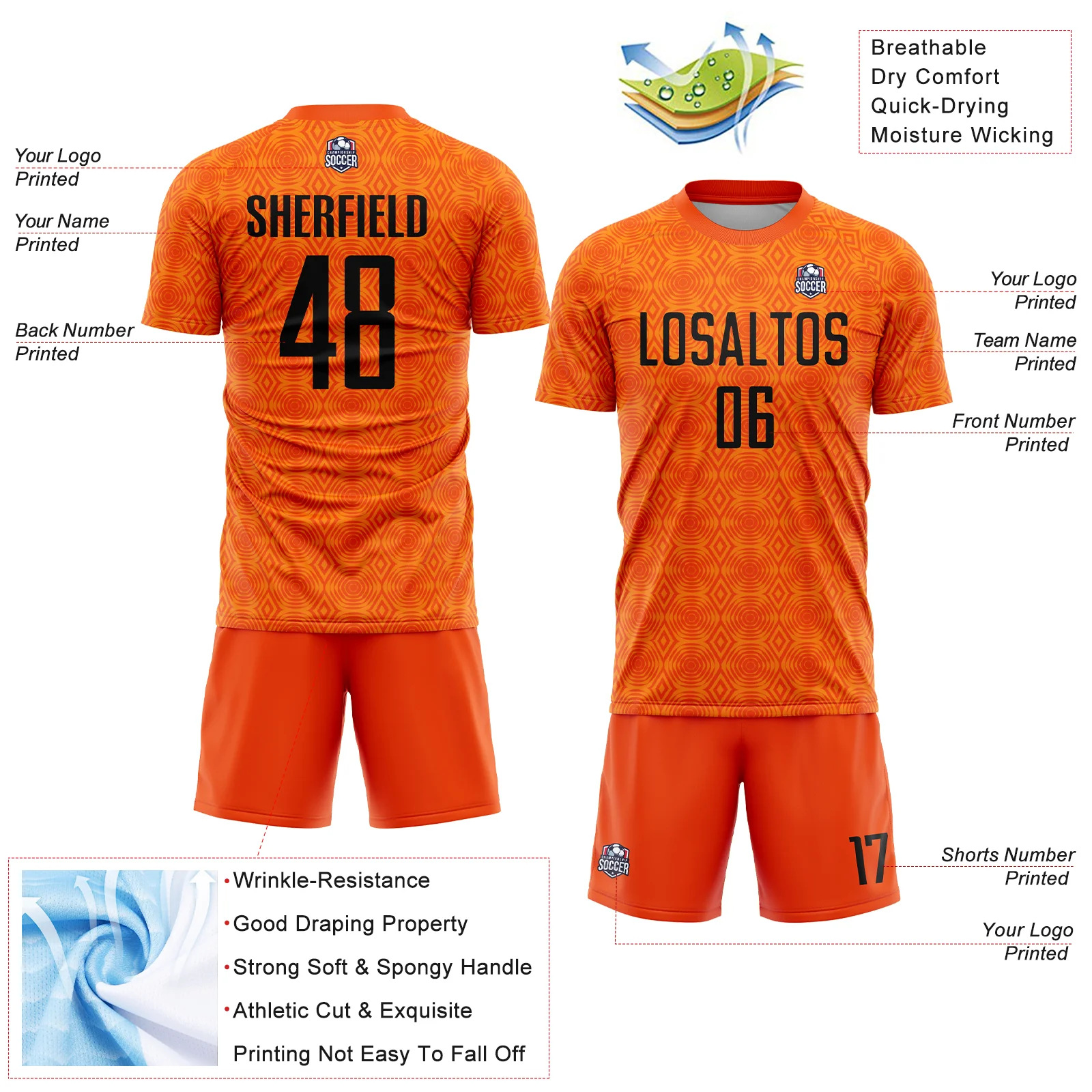 Custom Orange Black-Bay Orange Geometric Shapes Sublimation Soccer Uniform Jersey - Image 4