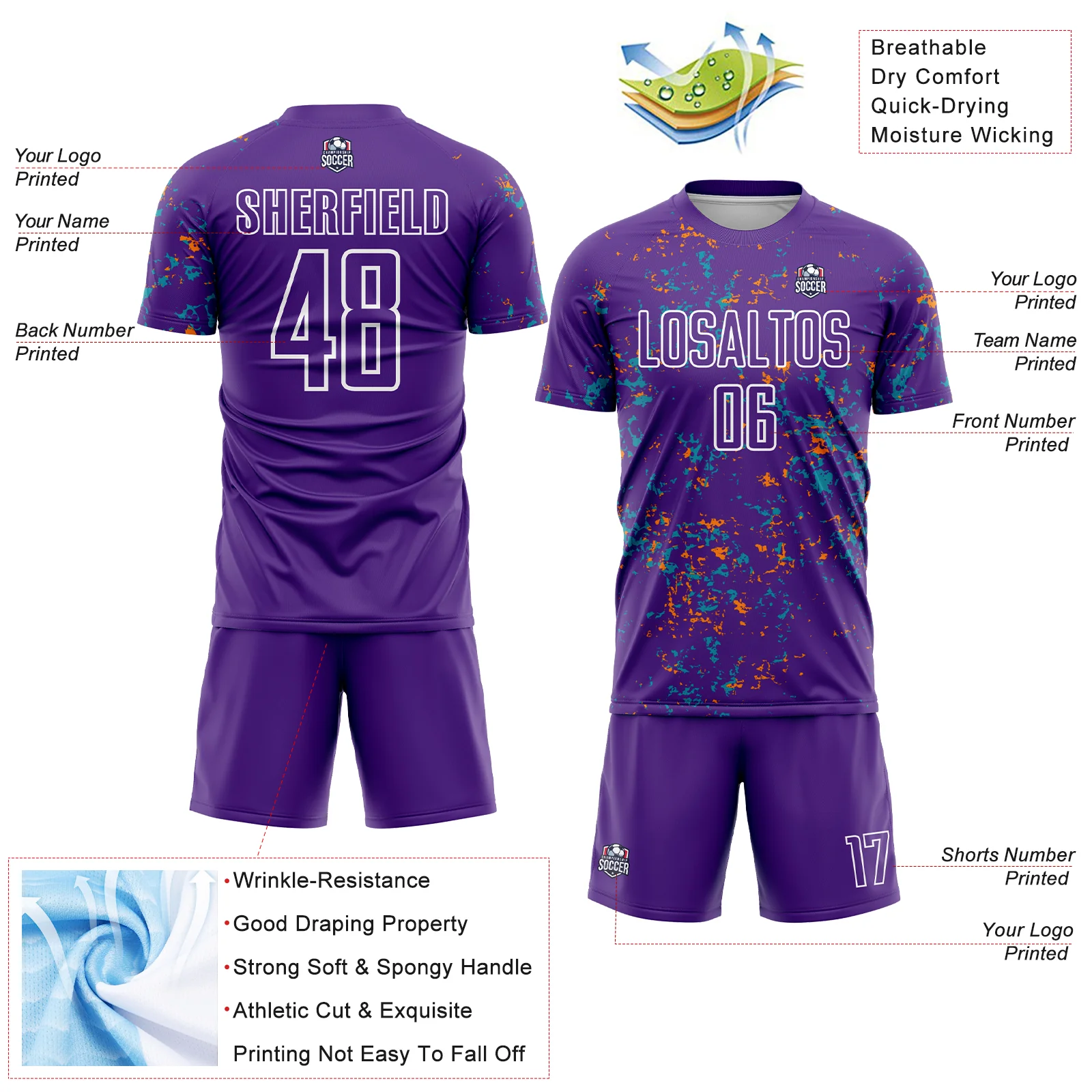Custom Purple Bay Orange-Teal Abstract Fragment Art Sublimation Soccer Uniform Jersey - Image 4