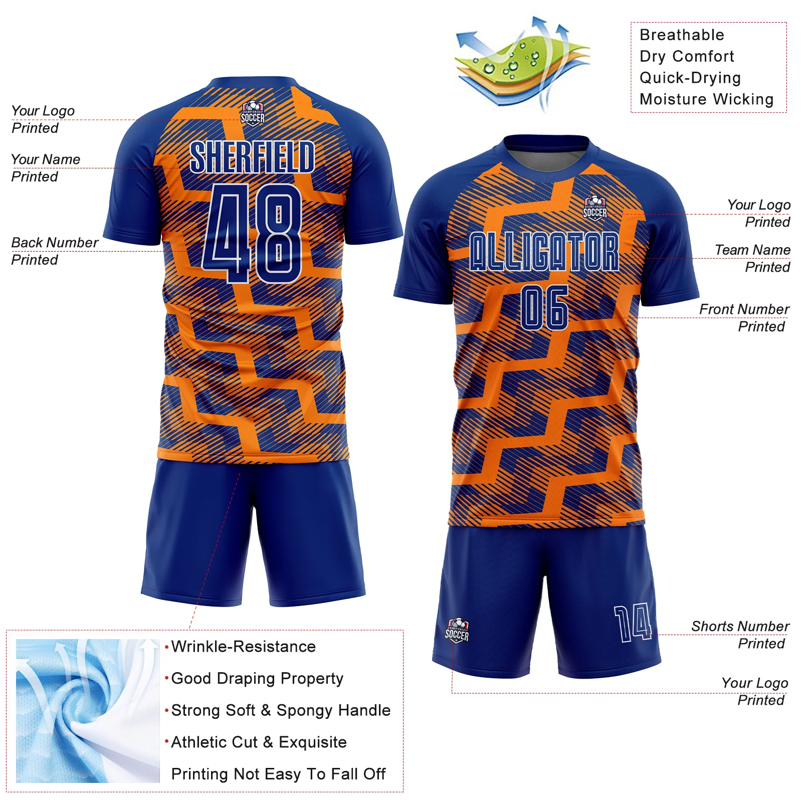 Custom Royal Bay Orange-White Line Sublimation Soccer Uniform Jersey - Image 4