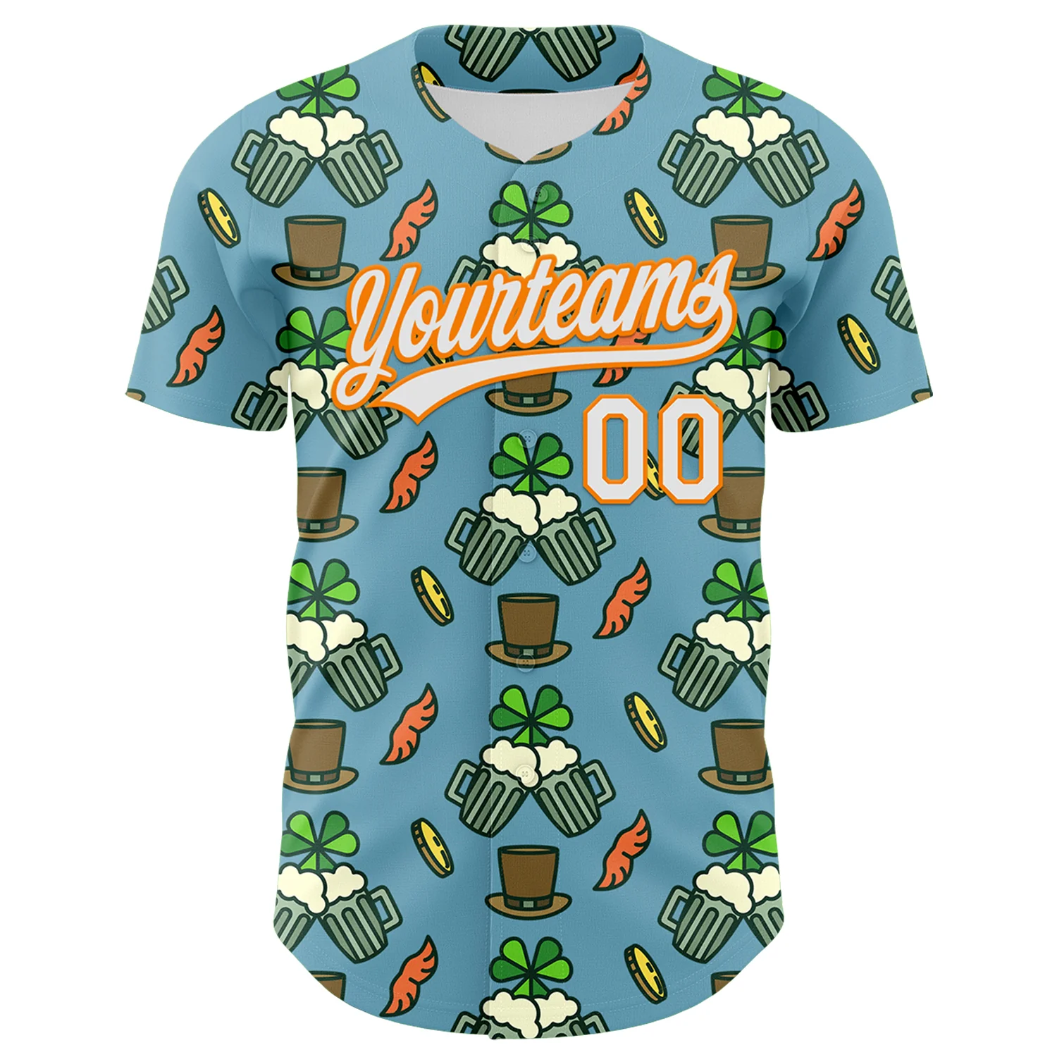 Custom Shadow Blue White-Bay Orange 3D St. Patrick's Day Shamrock Beer Authentic Baseball Jersey - Image 2