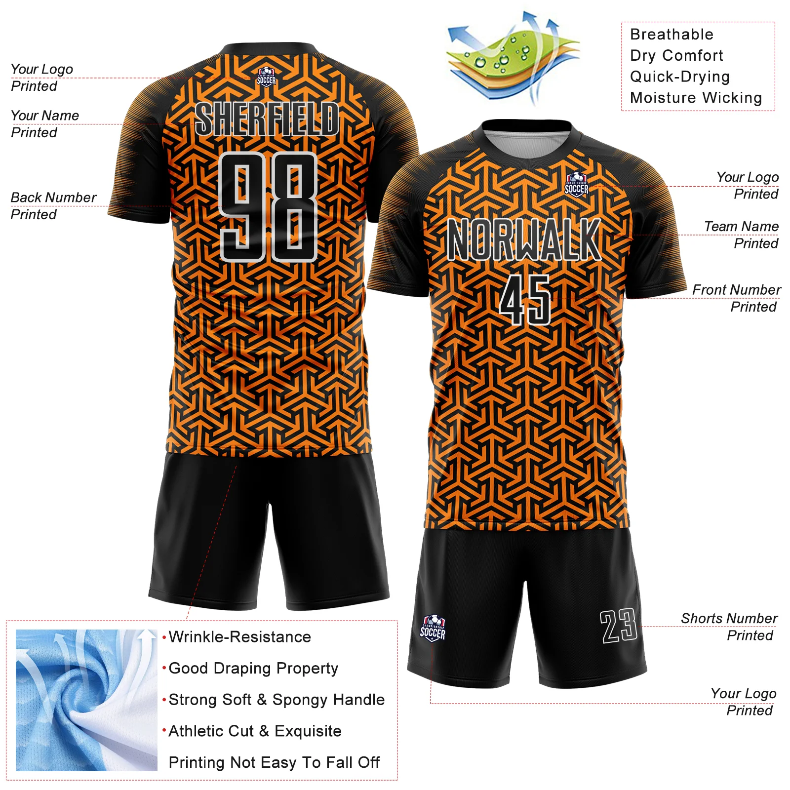 Custom Black Bay Orange-White Geometric Arrow Sublimation Soccer Uniform Jersey - Image 4