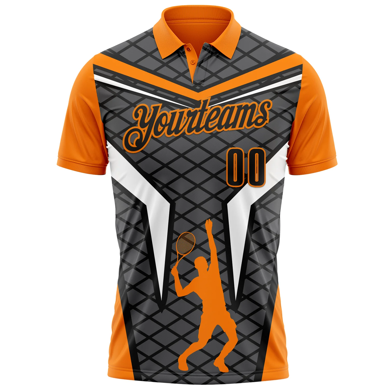 Custom Steel Gray Black-Bay Orange 3D Tennis Performance Polo Shirt - Image 2