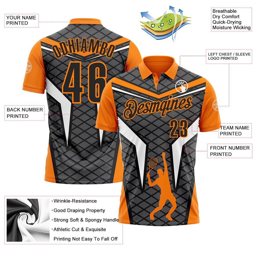 Custom Steel Gray Black-Bay Orange 3D Tennis Performance Polo Shirt - Image 3