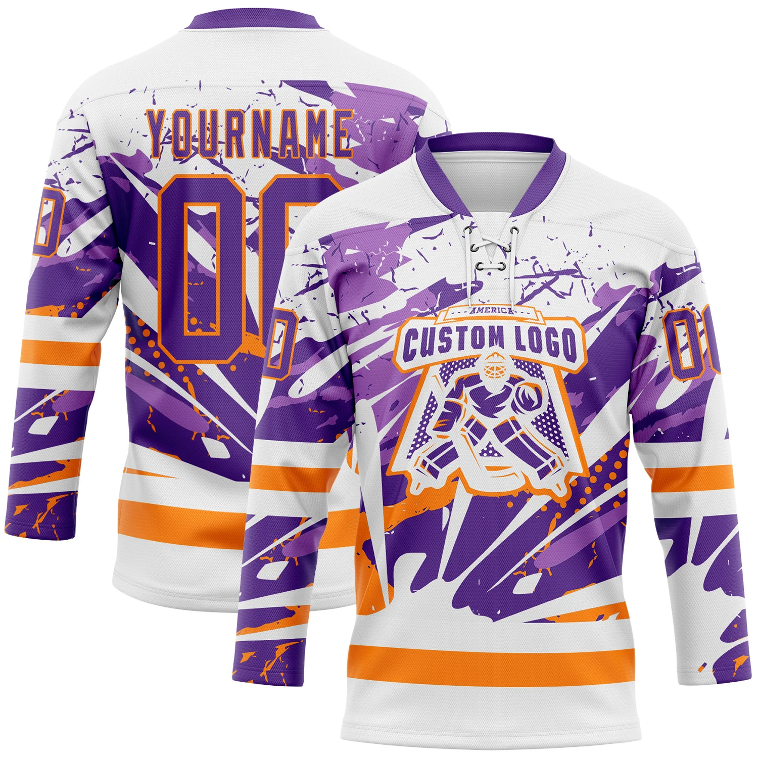 Custom White Purple-Bay Orange Abstract Splatter Paint Hockey Lace Neck Jersey - Image 2