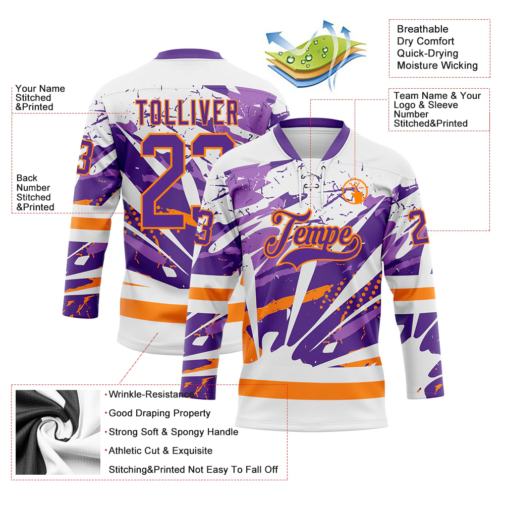 Custom White Purple-Bay Orange Abstract Splatter Paint Hockey Lace Neck Jersey - Image 5