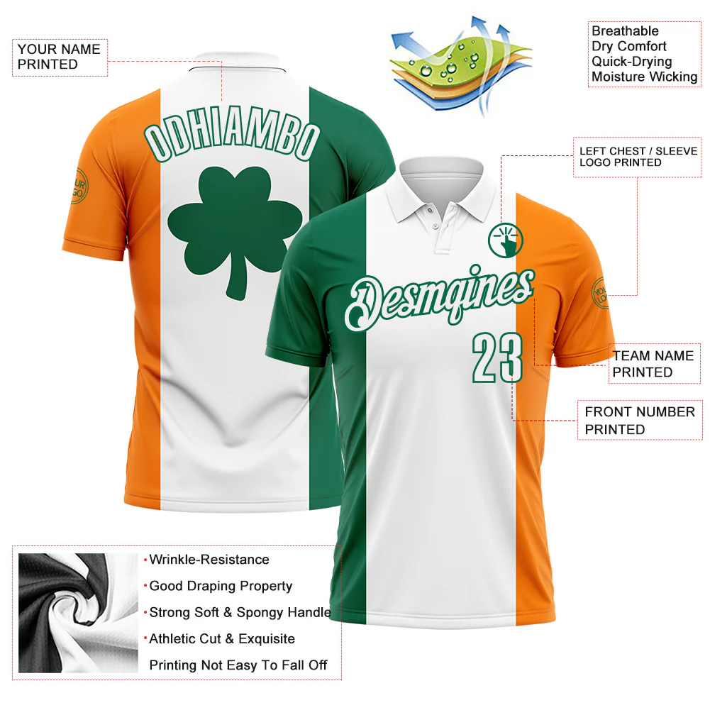 Custom White Kelly Green-Bay Orange 3D St. Patrick's Day Shamrock Performance Polo Shirt - Image 3