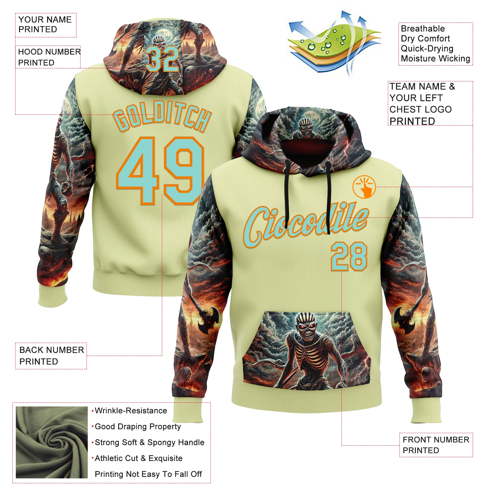 Custom Yellow Ice Blue-Bay Orange 3D Skull Hell Sports Pullover Sweatshirt Hoodie - Image 2