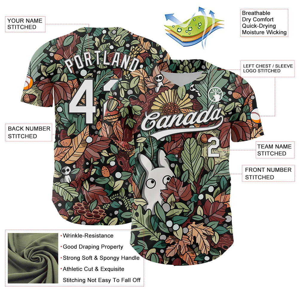 Custom Black White 3D Syntetyc Chibi Leaves Authentic Baseball Jersey - Image 3