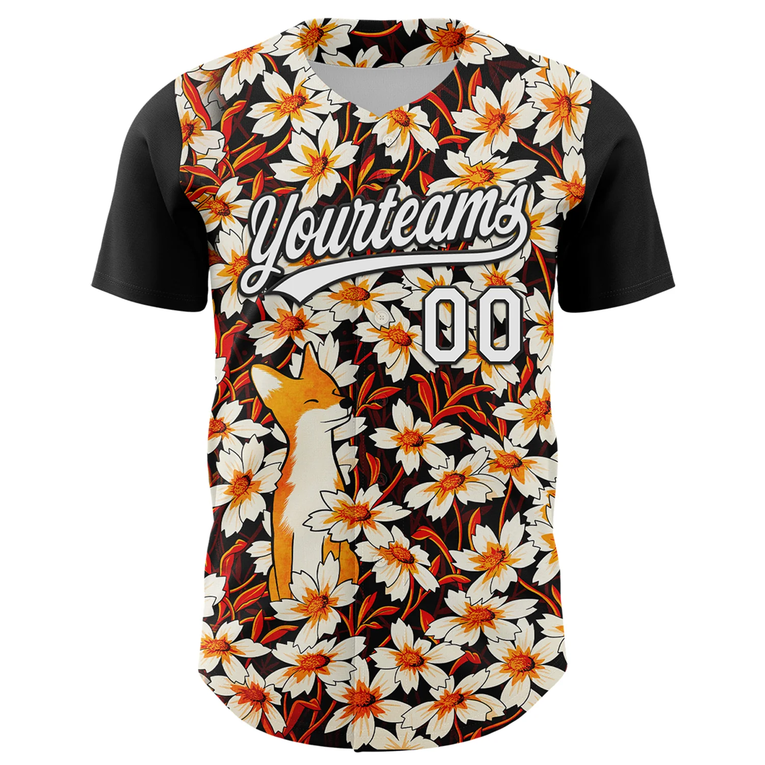 Custom Black White 3D Syntetyc Happy Fox Flowers Authentic Baseball Jersey - Image 2