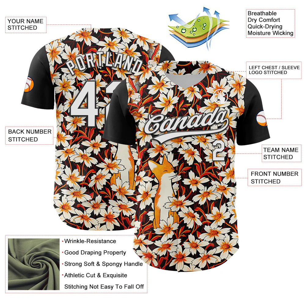 Custom Black White 3D Syntetyc Happy Fox Flowers Authentic Baseball Jersey - Image 3