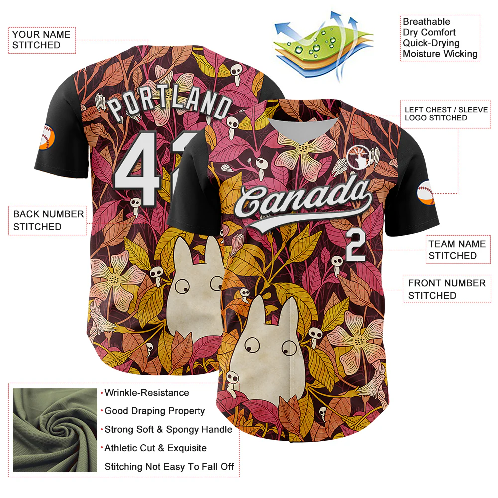 Custom Black White 3D Syntetyc Chibi Floral Authentic Baseball Jersey - Image 3