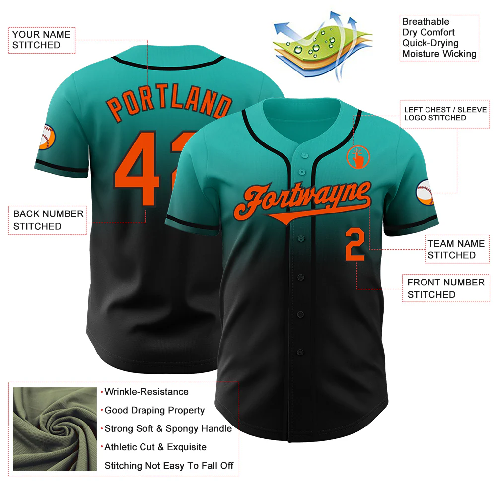 Custom Aqua Orange-Black Authentic Fade Fashion Baseball Jersey - Image 3