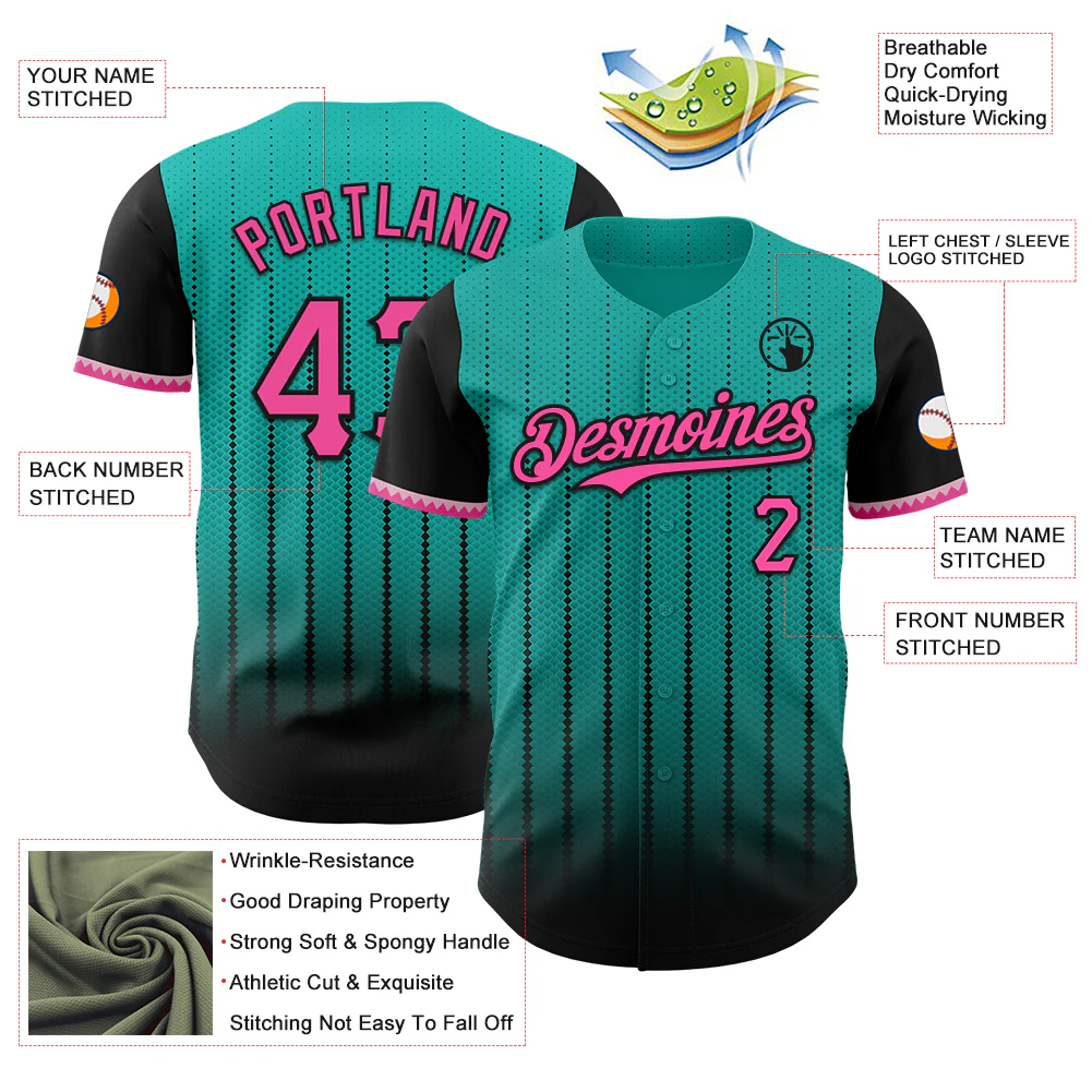 Custom Aqua Pink-Black 3D Pattern Design Gradient Geometric Shape Authentic Baseball Jersey - Image 3