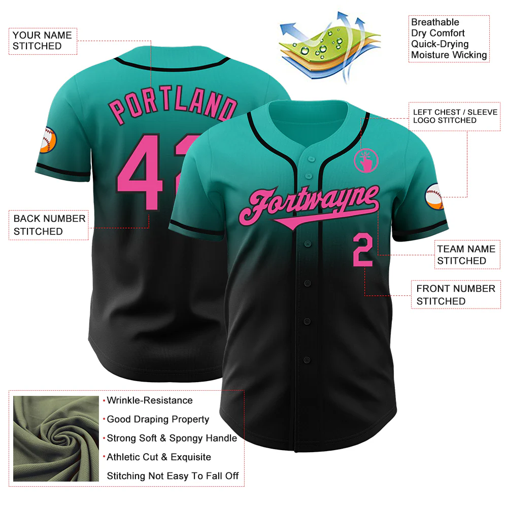 Custom Aqua Pink-Black Authentic Fade Fashion Baseball Jersey - Image 3