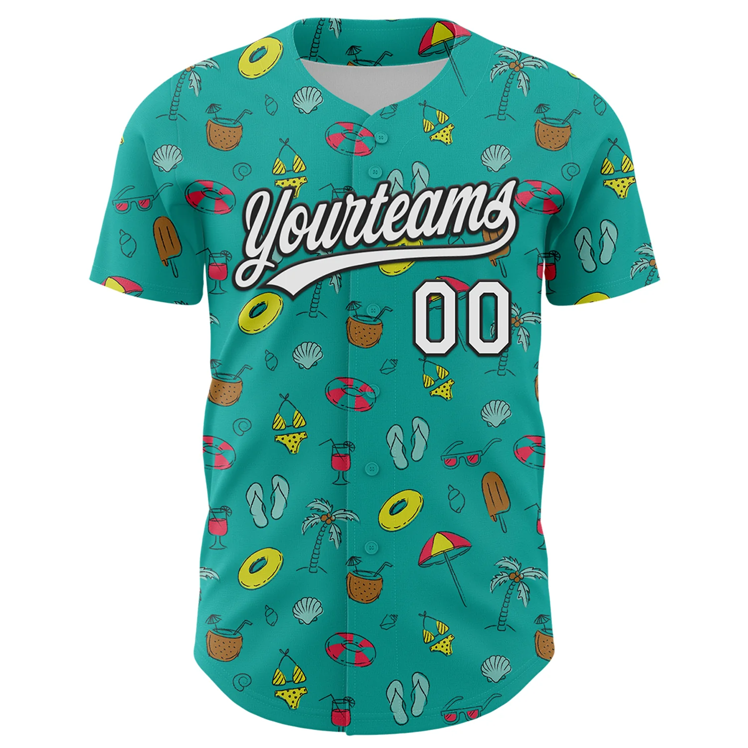 Custom Aqua White-Black 3D Hawaii Tropical Palm Tree And Beach Authentic Baseball Jersey - Image 2