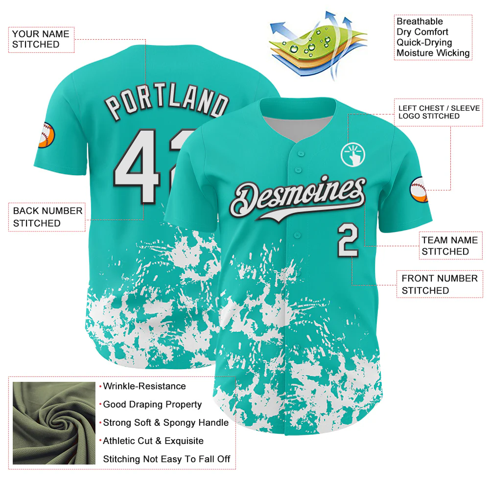 Custom Aqua White-Black Splatter Authentic Baseball Jersey - Image 3