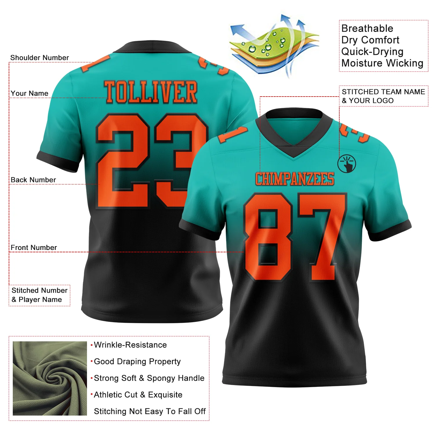 Custom Aqua Orange-Black Authentic Fade Fashion Football Jersey - Image 2