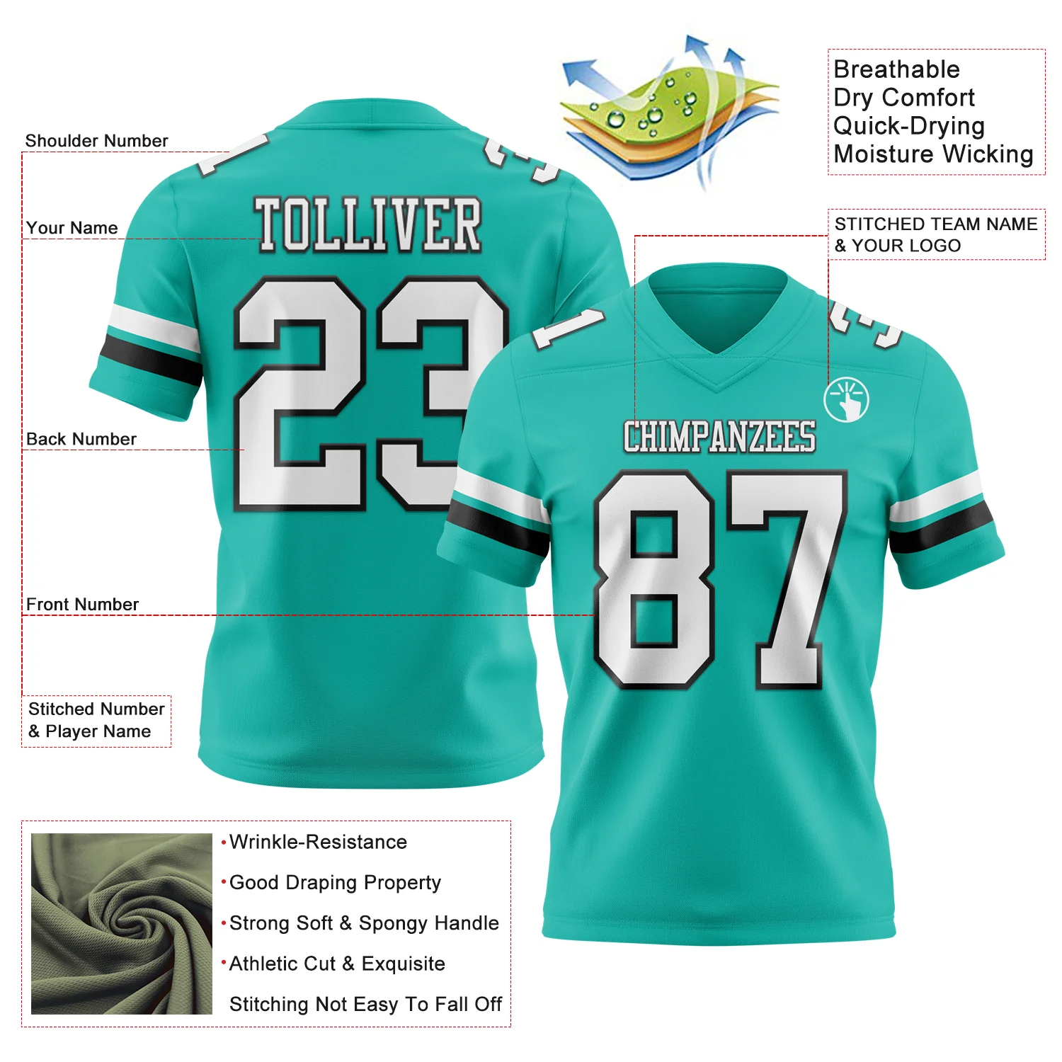 Custom Aqua White-Black Authentic Football Jersey - Image 3