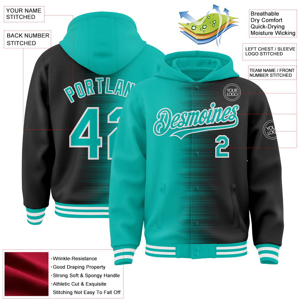 Custom Aqua Black-White Gradient Line Bomber Full-Snap Varsity Letterman Hoodie Jacket - Image 4