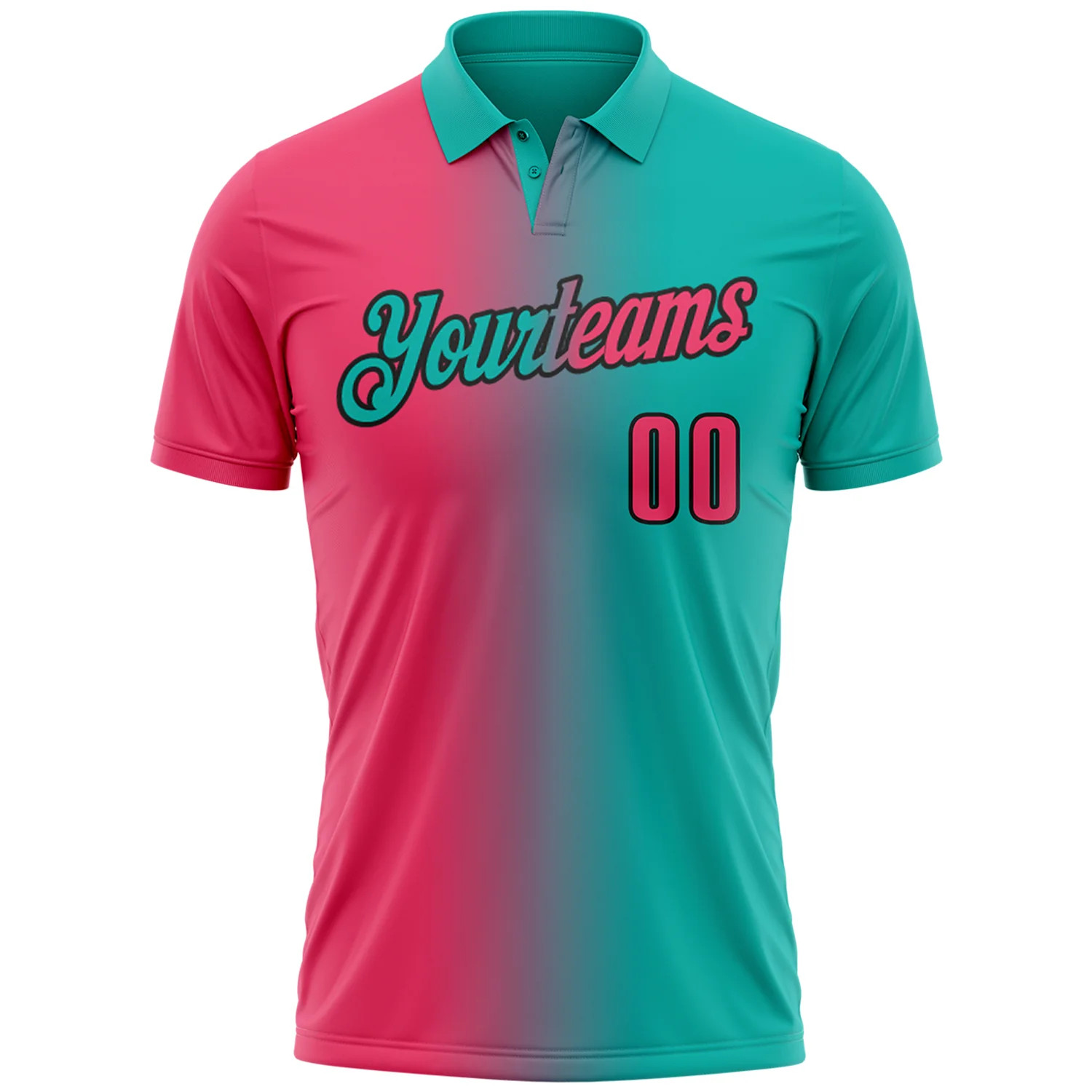 Custom Aqua Neon Pink-Black 3D Gradient Fashion Performance Polo Shirt - Image 2