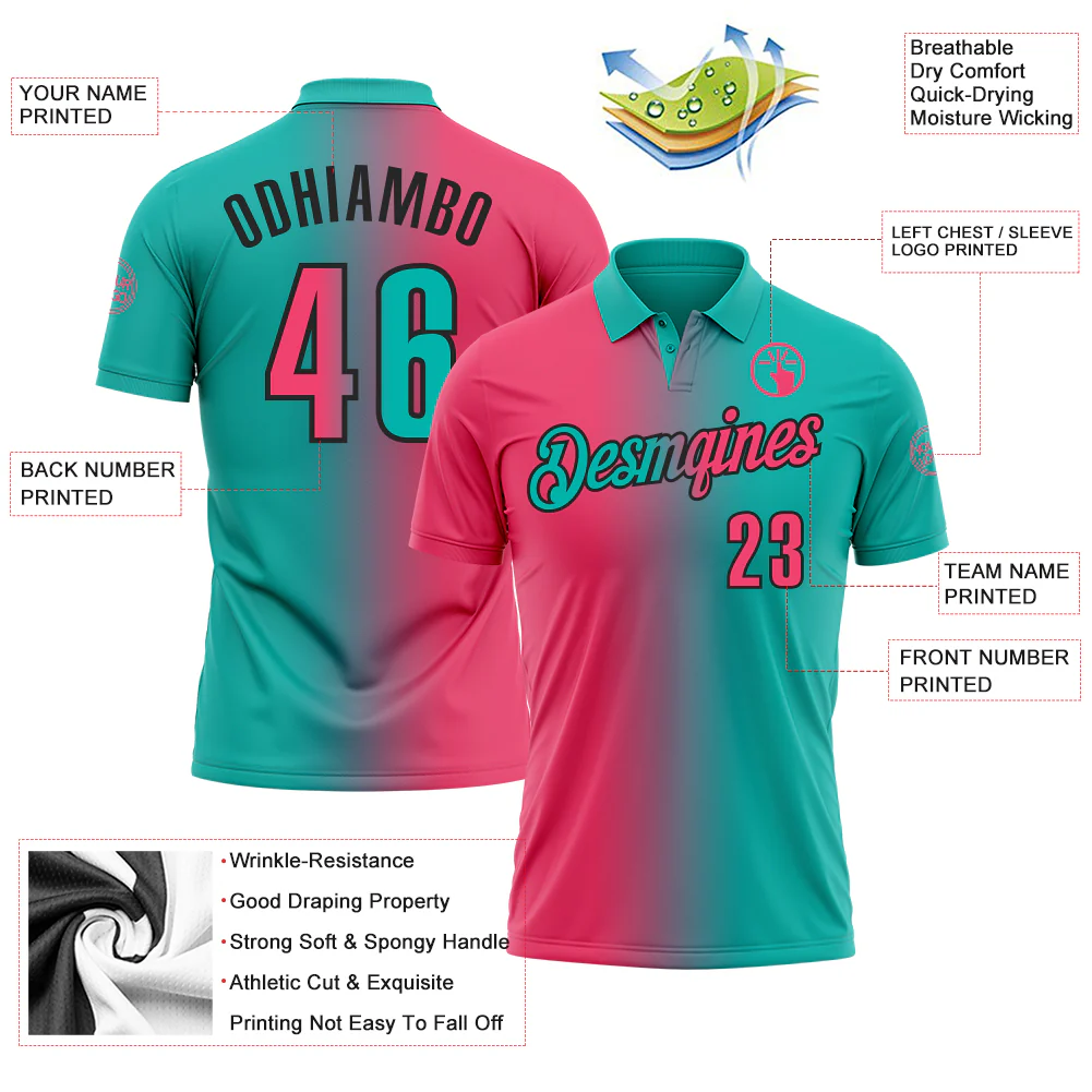 Custom Aqua Neon Pink-Black 3D Gradient Fashion Performance Polo Shirt - Image 3