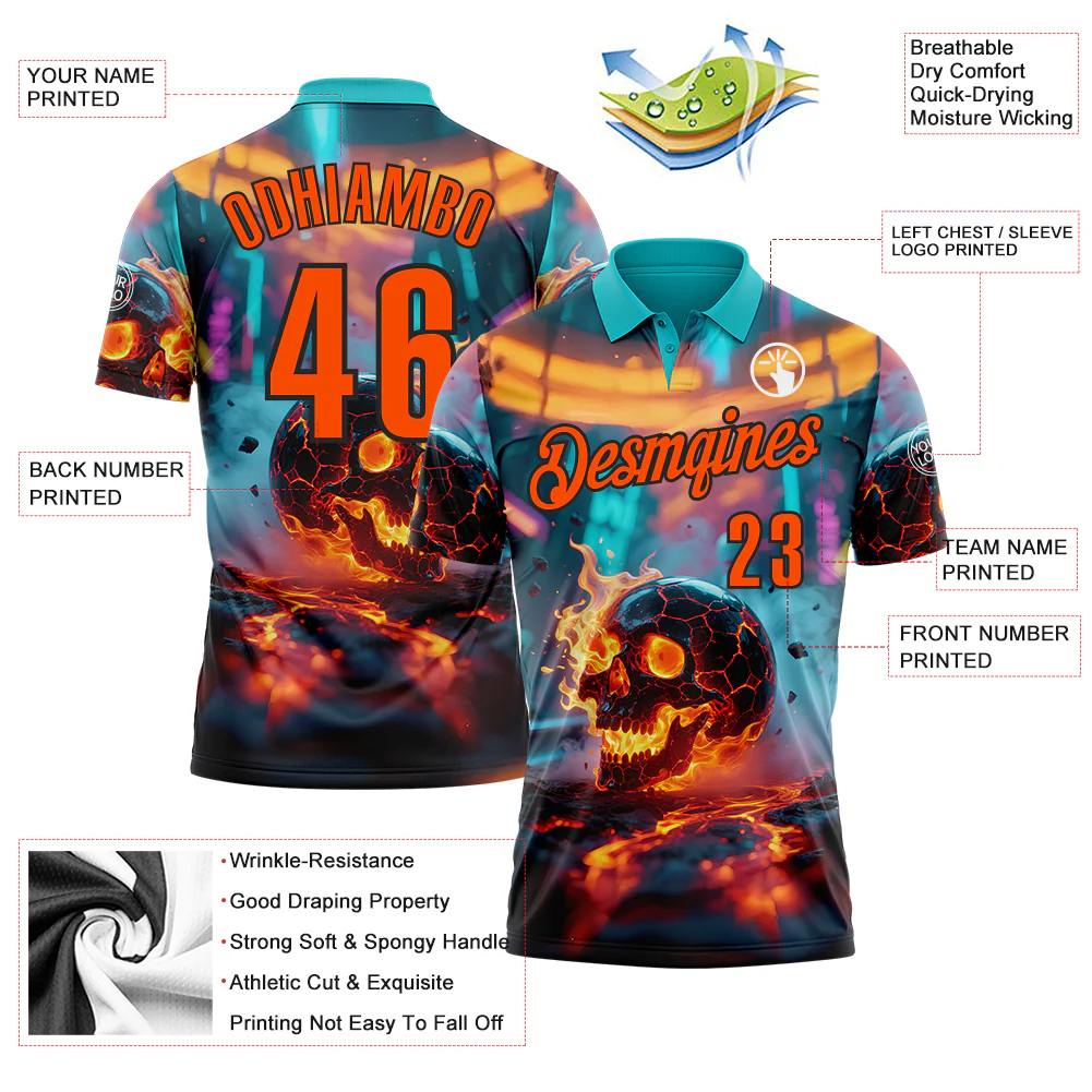 Custom Aqua Orange-Black 3D Flame Skull Bowling Performance Polo Shirt - Image 3
