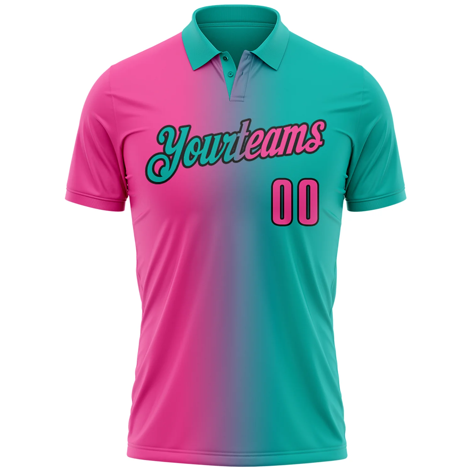 Custom Aqua Pink-Black 3D Gradient Fashion Performance Polo Shirt - Image 2