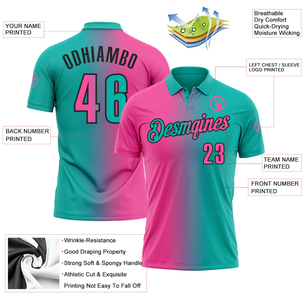 Custom Aqua Pink-Black 3D Gradient Fashion Performance Polo Shirt - Image 3