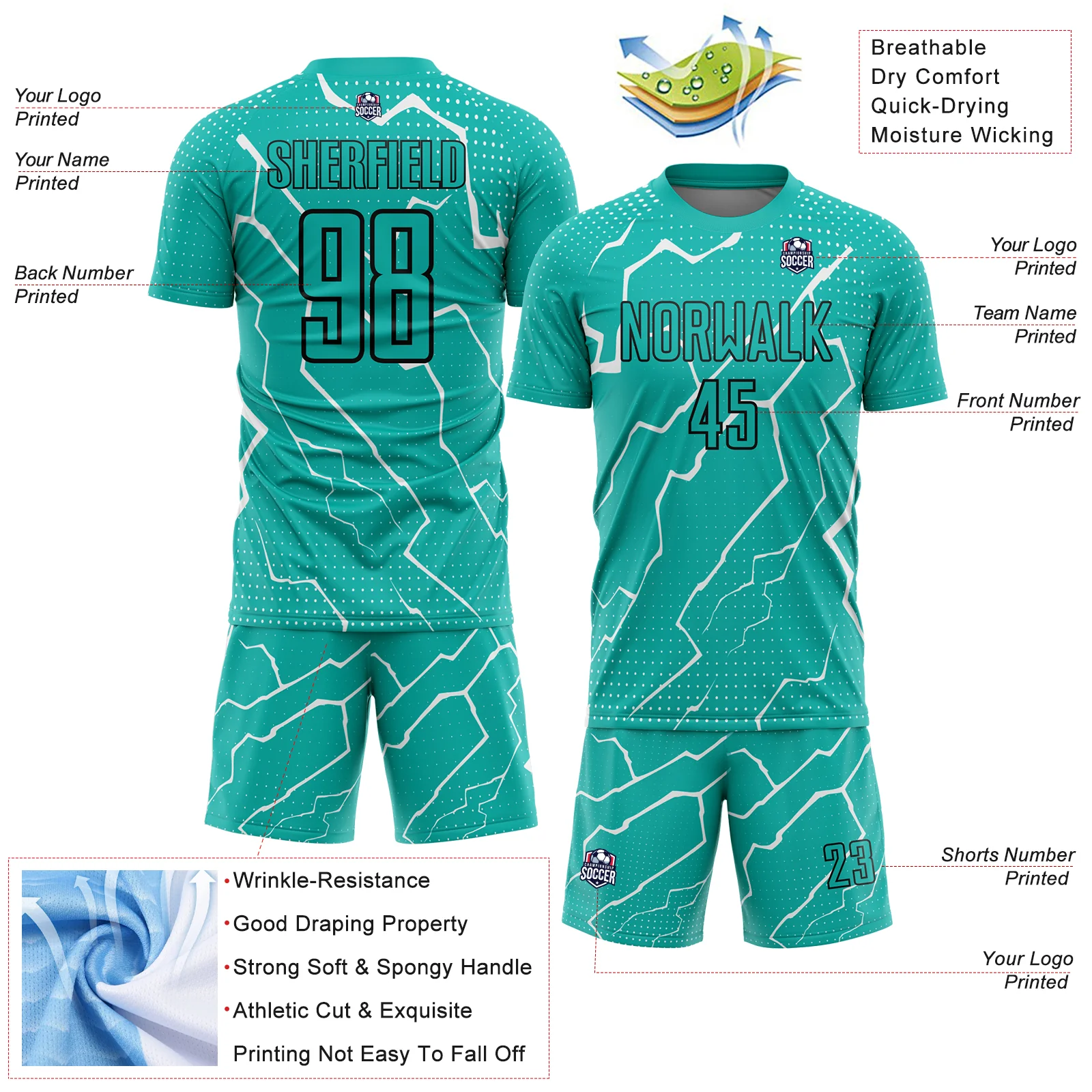 Custom Aqua Black-White Lightning Sublimation Soccer Uniform Jersey - Image 4