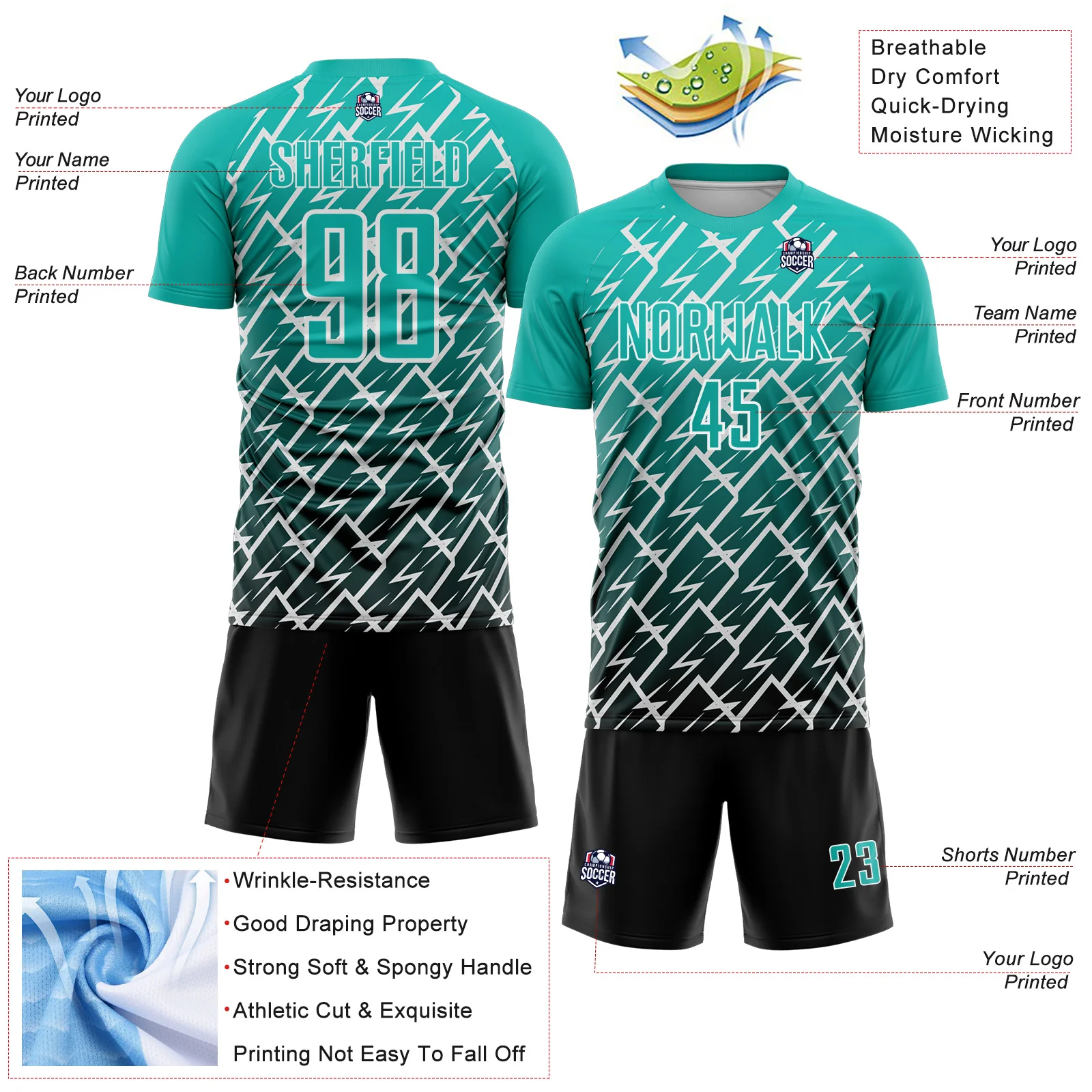 Custom Aqua Black-White Lightning Sports Sublimation Soccer Uniform Jersey - Image 4