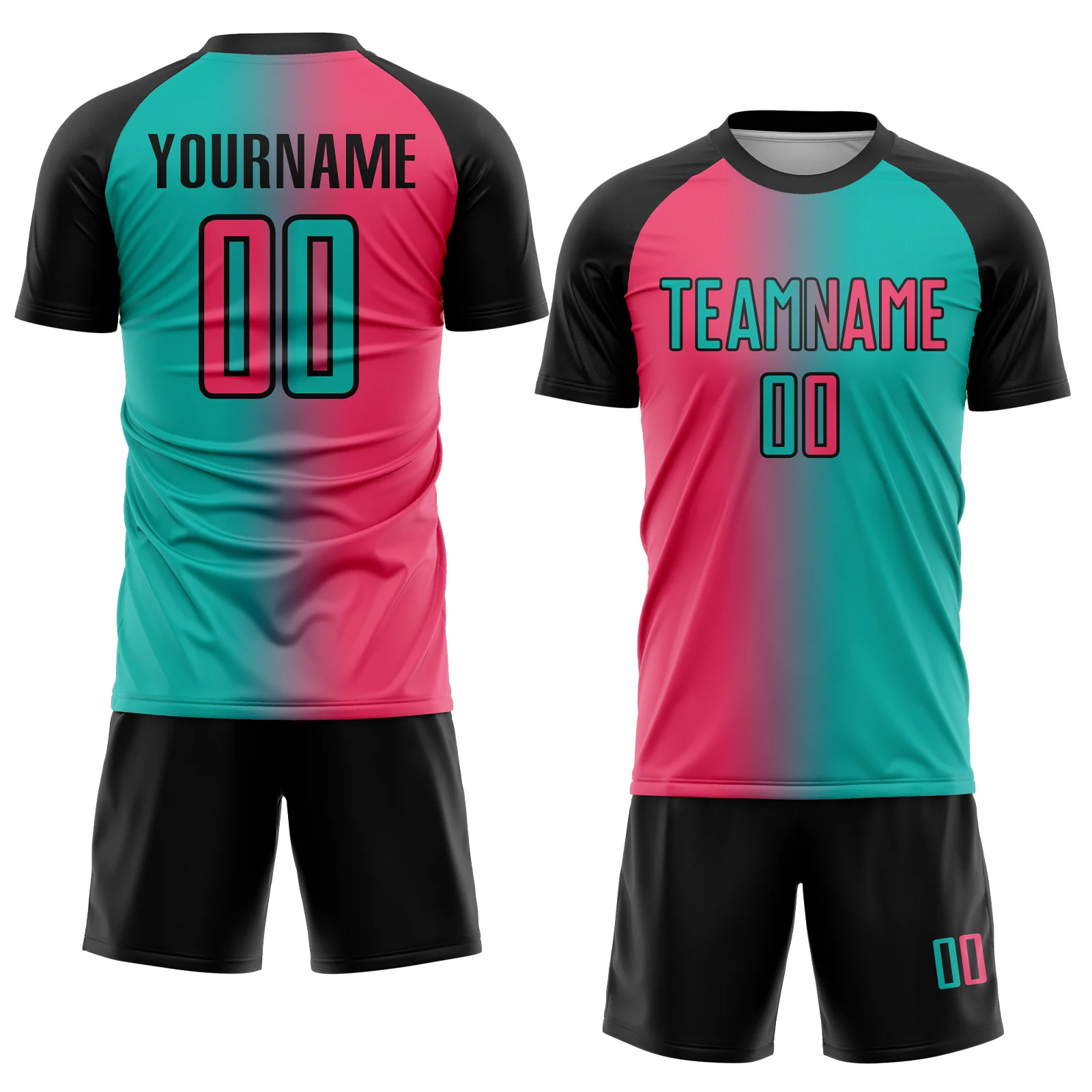 Custom Aqua Neon Pink-Black Sublimation Gradient Fashion Soccer Uniform Jersey - Image 2