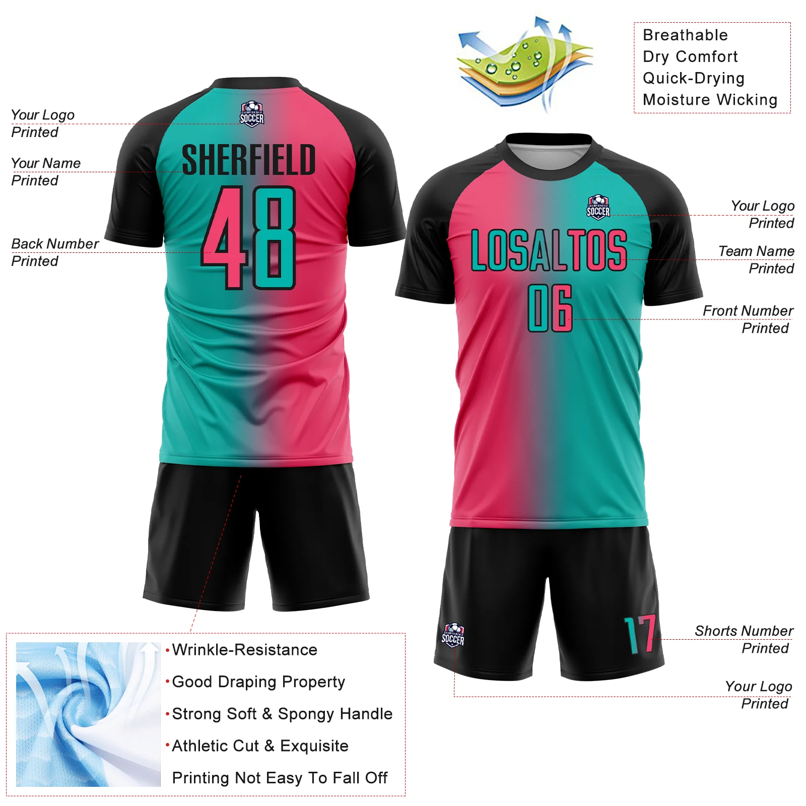 Custom Aqua Neon Pink-Black Sublimation Gradient Fashion Soccer Uniform Jersey - Image 4