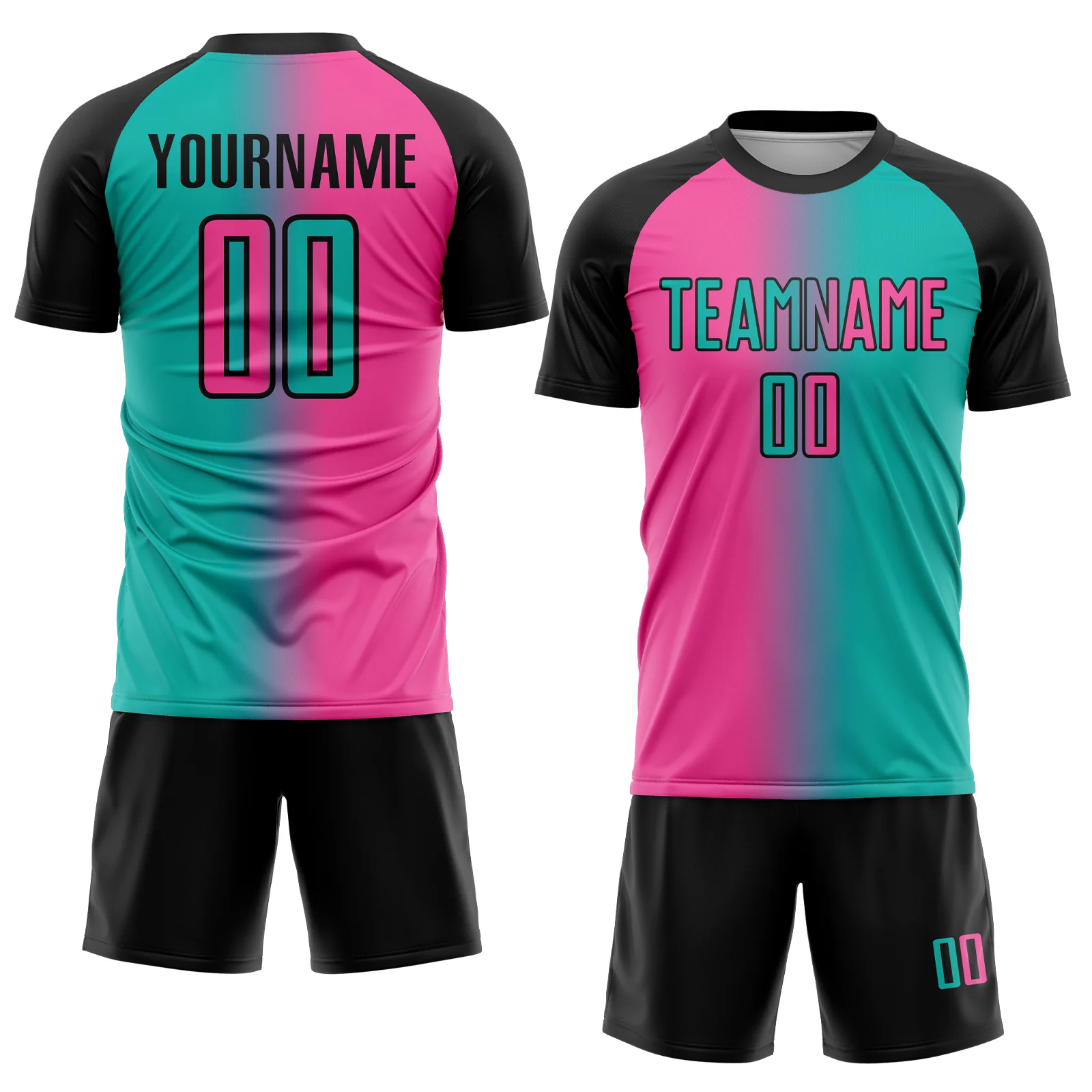 Custom Aqua Pink-Black Sublimation Gradient Fashion Soccer Uniform Jersey - Image 2