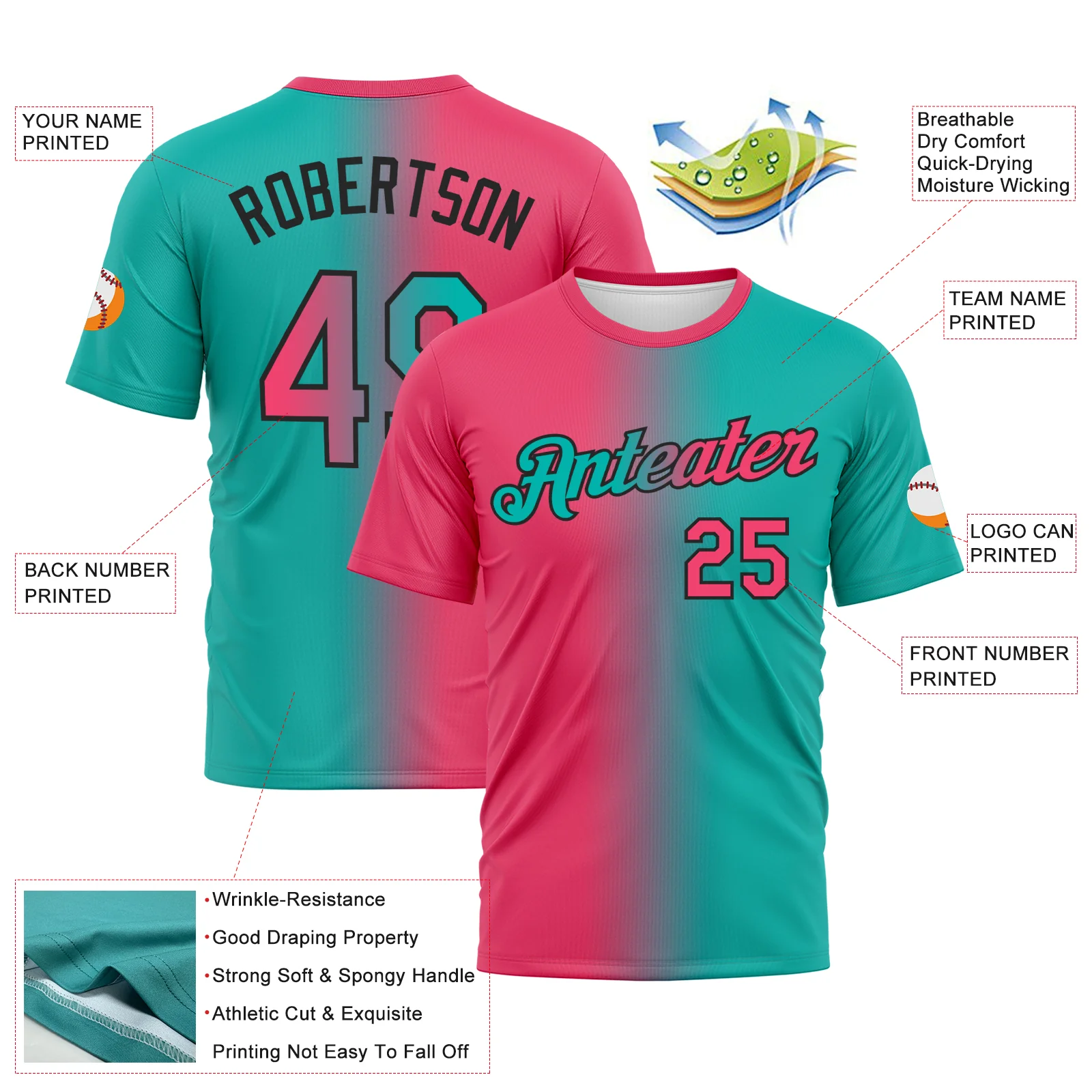 Custom Aqua Neon Pink-Black Gradient Fashion Performance T-Shirt - Image 2